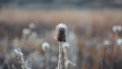 Seed head of brown thistle with frost coating in outdoor winter setting, seasonal preservation