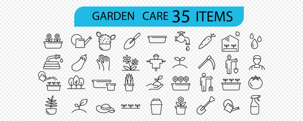 Garden and Plant Care Icons Set &ndash; Gardening, Watering, Plant Growth, Farming Line Symbols