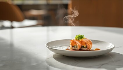 Japanese-style grilled salmon sushi roll served on a white dish, focusing on seafood craftsmanship