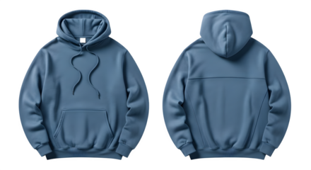 A blue hoodie displayed from the front and back on a black background
