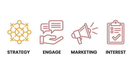 Fototapeta premium Marketing strategy icons in minimalist style with red and orange colors on white background for business presentation