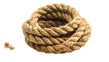 Coiled natural rope isolated on black background, with knot detail