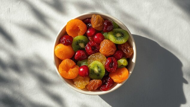 Bowl filled with dried and candied fruit, suitable for health-conscious snacking