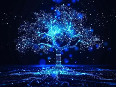 Digital tree with glowing roots