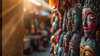 Colorful masks arranged at a souvenir stand, highlighting artisanal craftsmanship and local culture