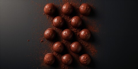 Obraz premium Black background with spherical truffle confections arranged for visual appeal and packaging design, food textures and presentation