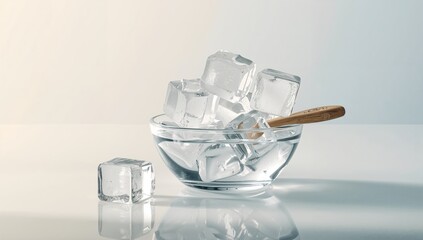 Bowl of ice cubes with a wooden spoon, used for cooling drinks or food preservation, World Food Safety Day