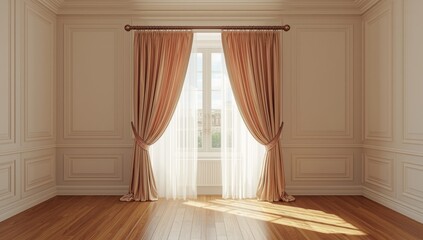 Naklejka premium Interior window with drapes used as a backdrop for layout and design planning