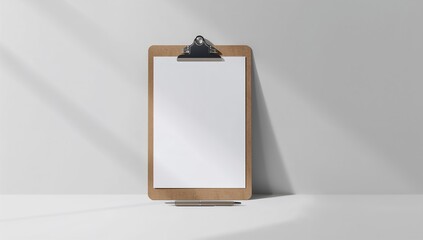 Photo of a wooden clipboard with empty A4 paper, serving as a template for note-taking or form filling on a light grey surface