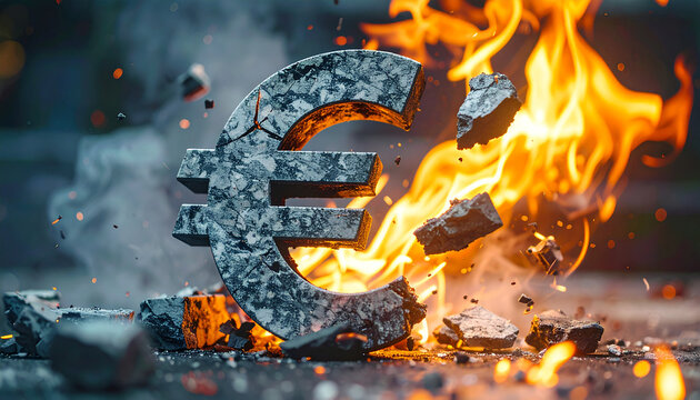 Stone euro sign breaking apart and on fire, money, finance and profit, intense dramatic scene
