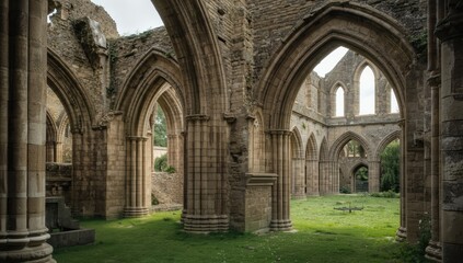 Ancient stone structures of Rivaulx Abbey in Yorkshire, preservation of medieval monastic buildings