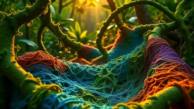 Vivid threads explode fiber thread mesh, forming abstract webs on a green background, with glowing vines curling in a lush, tropical display under sunlight.