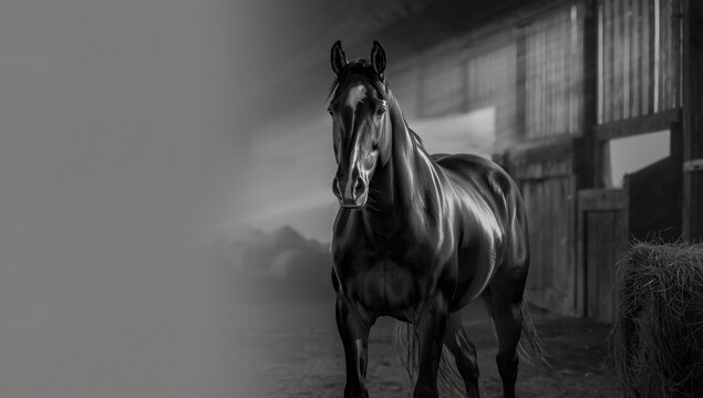 Image of a majestic horse within a stable environment in monochrome, highlighting muscular form and natural beauty - Powered by Adobe
