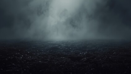 Misty landscape with dark soil and fog, suitable as a background for editorial or informational content