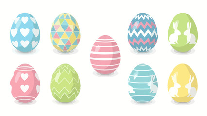 A collection of ten vibrantly decorated Easter eggs with various patterns and motifs, including hearts, geometric shapes, stripes, and bunny silhouettes.