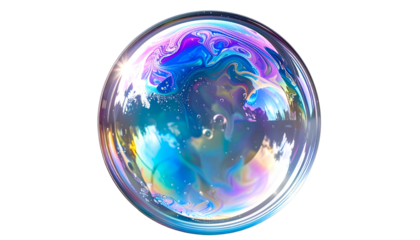 Iridescent sphere against a black backdrop, showcasing a swirl of colors and reflections