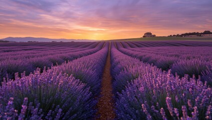 Obraz premium Scenic panoramic view of blooming lavender and violet flowers during sunset in Provence, France