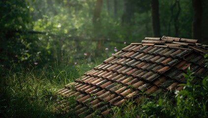 Collection of discarded roof tiles, emphasizing site cleanup for building restoration