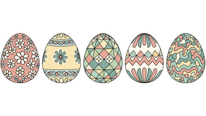 Fototapeta premium A collection of five intricately decorated Easter eggs, each featuring unique patterns and pastel color palettes, displayed in a horizontal line against a white background.
