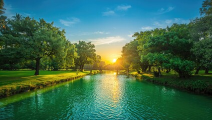 Fototapeta premium Sunlit green river in a natural setting, emphasizing water movement and light reflection