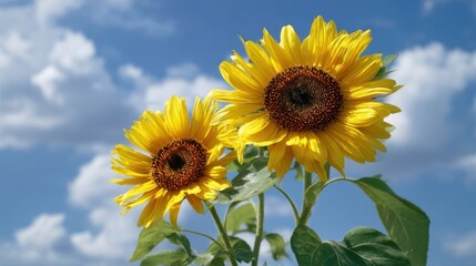 Obraz premium Two vibrant sunflowers stand tall under a blue sky with white clouds, featuring large yellow petals and brown centers,