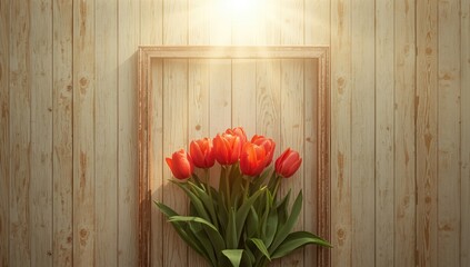 Single red tulips placed along a beige wooden fence, ideal for garden decor background, World Floral Day