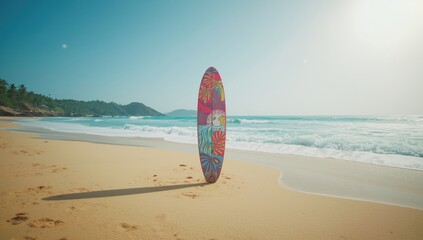 Surfboard placed on a seaside sandy shore, highlighting surfing adventures and travel experiences