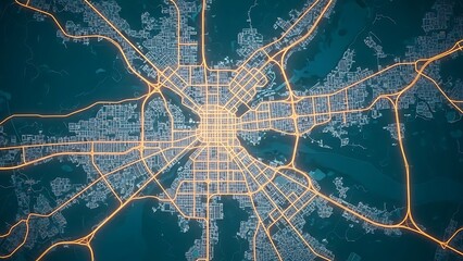 Abstract glowing city map with illuminated roads representing a sprawling urban network and advanced digital infrastructure, symbolizing global connectivity and technological progress
