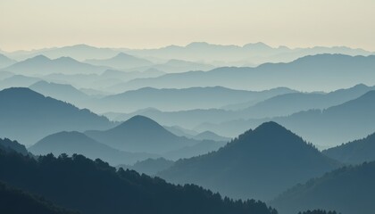 Serene blue mountain range landscape with misty hills and trees