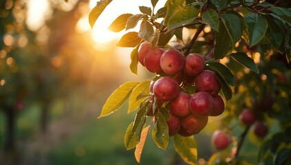 Sunrise illuminates a plum tree laden with red fruit, suitable as a natural seasonal food source for health