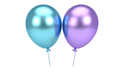 Two reflective, metallic balloons, one teal, one purple, floating against a black backdrop