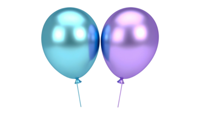 Two reflective, metallic balloons, one teal, one purple, floating against a black backdrop