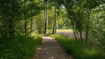 Fototapeta premium Birch grove with a footpath, serving as a background for layout or editorial headers