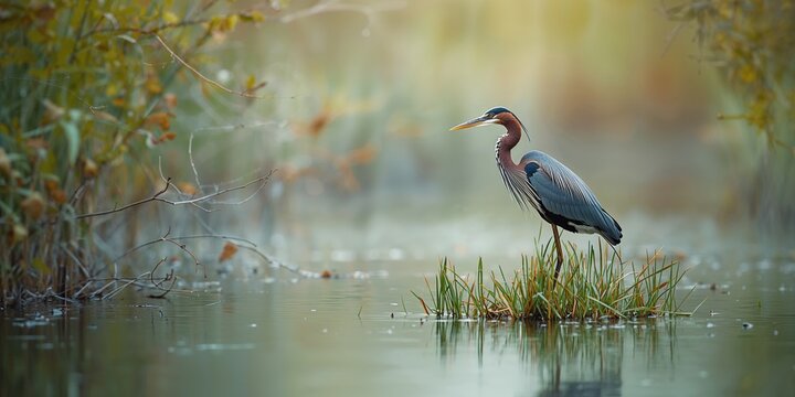 Blue tricolored heron foraging among aquatic plants, illustrating bird feeding techniques, World Bird Day