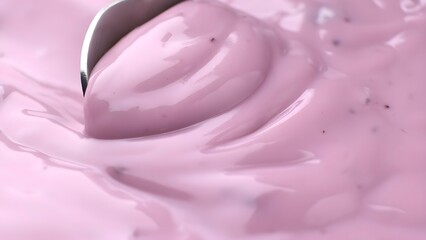 Spoon in Pink Yogurt Creamy Texture Close-Up