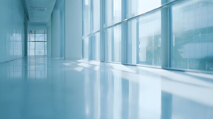 Modern office hallway bathed in soft light evokes a calm tranquil workspace design concept
