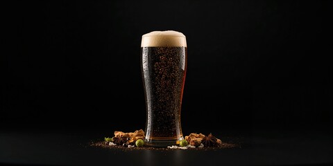 A beverage glass filled with dark craft beer accented by spices, suitable for beverage preparation and presentation