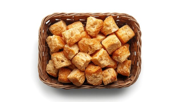 Broken bread in a basket on a white background, highlighting crumb structure and artisanal quality