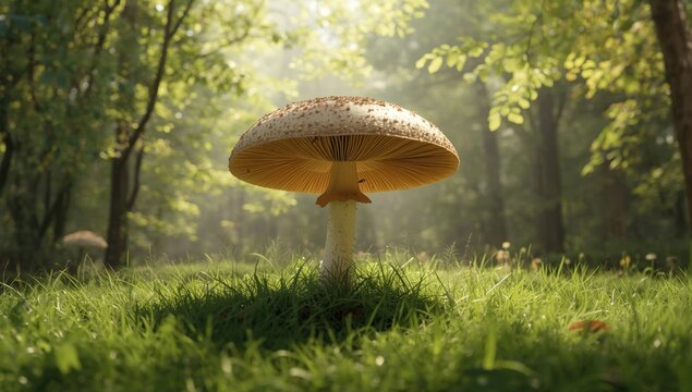 Fallen leaves and umbrella mushroom in mixed forest, fall season focus