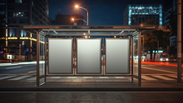 Nighttime city street with a bus stop featuring blank posters on the wall, emphasizing signage placement and urban transit infrastructure