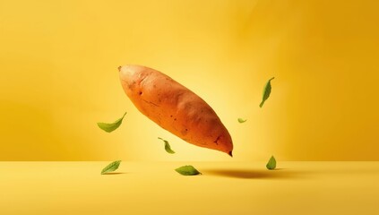 Raw sweet potato captured in free fall highlighting food levitation technique