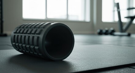 A textured foam roller sits on a yoga mat in a light-filled gym