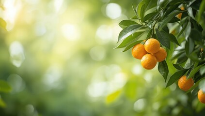 Orange fruit on tree branches with green foliage in summer, nature scene emphasizing fresh produce