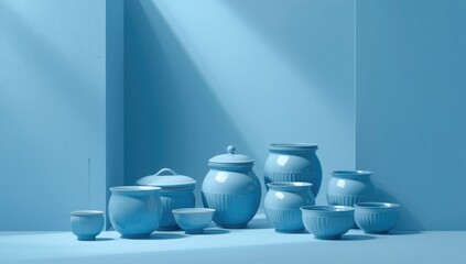 Bright blue background featuring blue ceramic pots, ideal for editorial header design