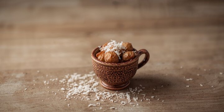 Small bowl of traditional brown snacks topped with grated coconut, suitable for snack preparation, International Day of Food Safety