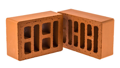 Two rectangular blocks of reddish-brown clay with holes, showcasing interior structure