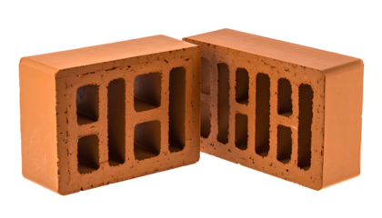 Two rectangular blocks of reddish-brown clay with holes, showcasing interior structure