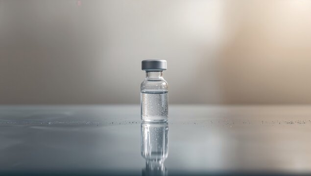 Vaccine vial placed on a glossy table, highlighting temperature control and handling safety, World Immunization Week - Powered by Adobe