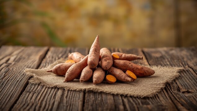 Raw sweet potatoes placed on a wooden table, natural food ingredients, World Food Day