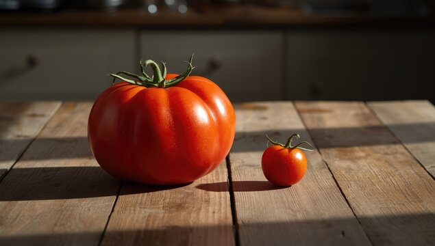 Fresh tomatoes of different sizes on a textured wooden table, emphasizing natural food ingredients